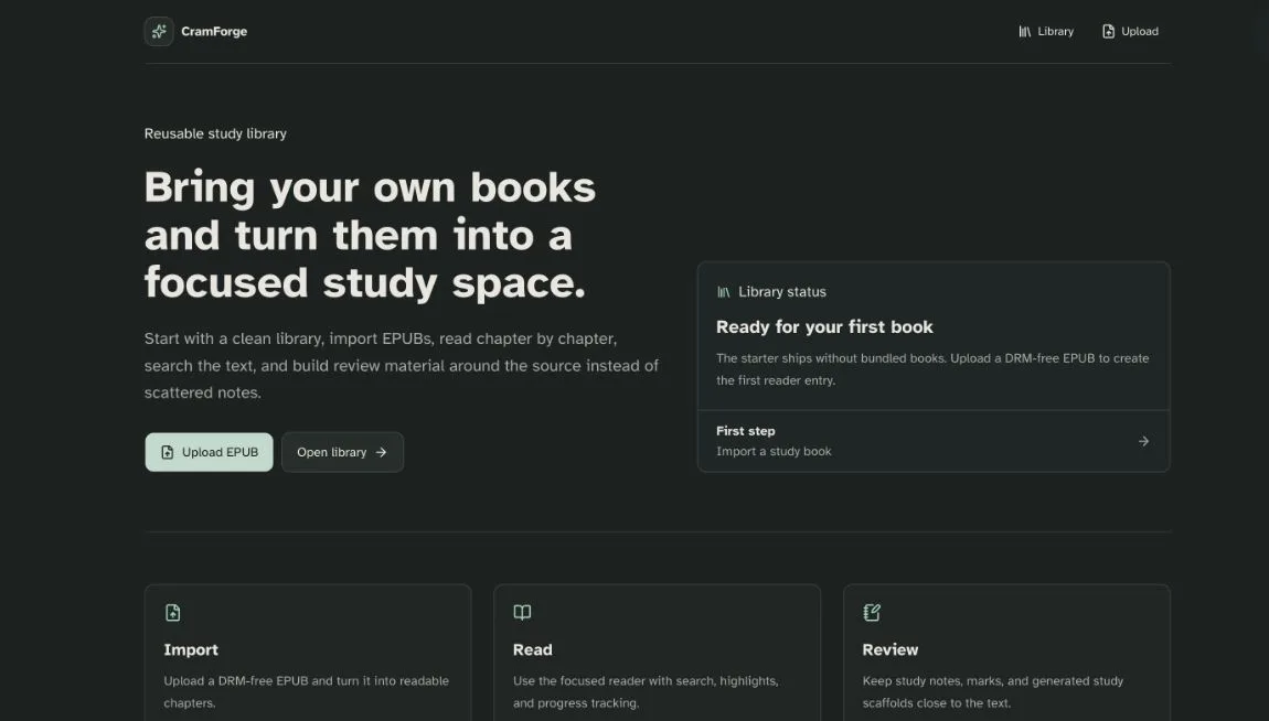 CramForge local-first study library home screen