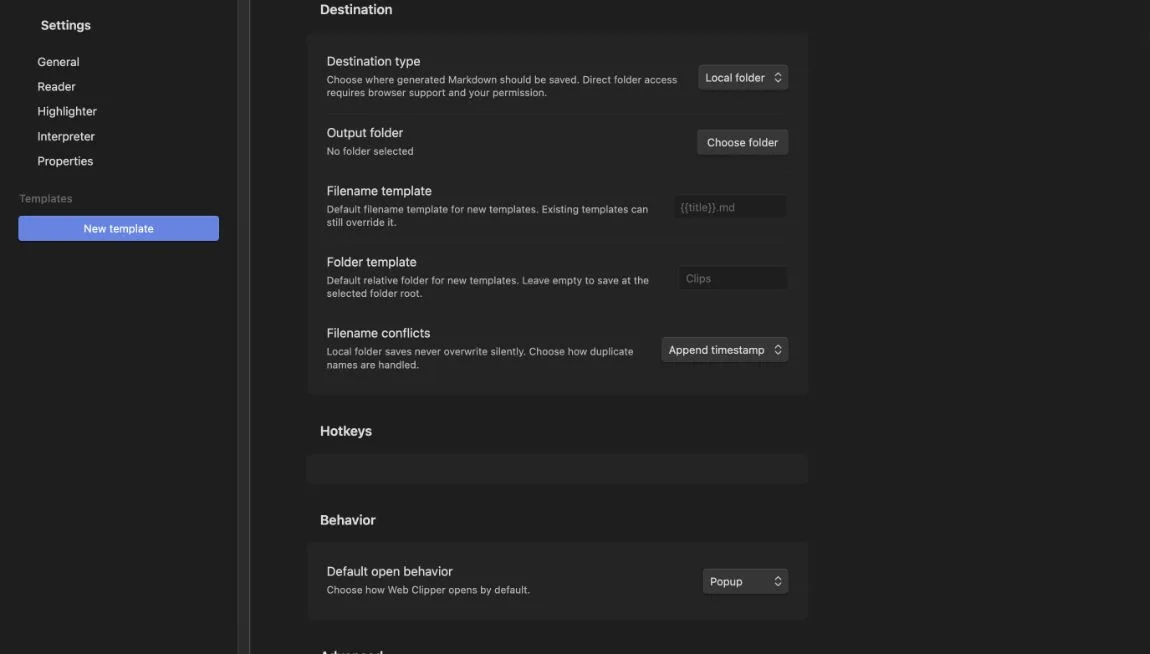 Local Web Clipper destination settings for local folder, Downloads, and Clipboard output